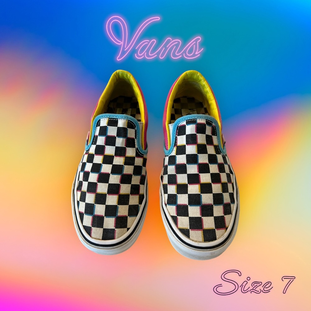 VANS Women’s Checkerboard Slip Ons in Pink, Yellow and Blue. Size 7.
